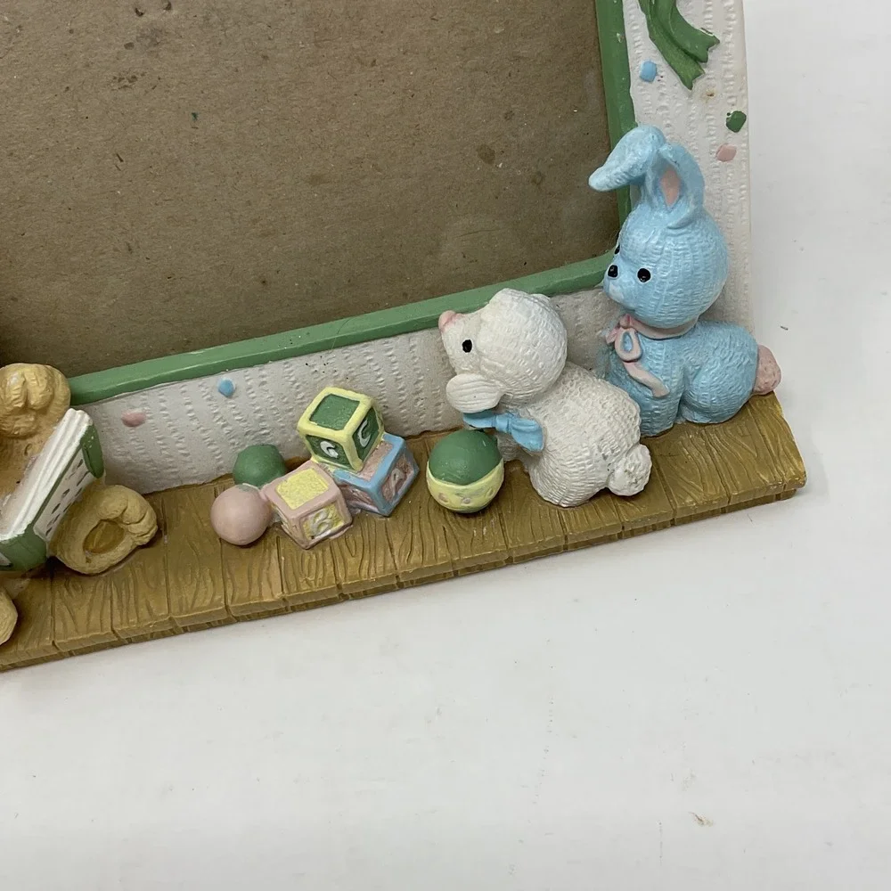 Vintage Nursery Picture Frame Teddy Bear Bunny Lamb 3D Resin 3.5x5 Pastel White